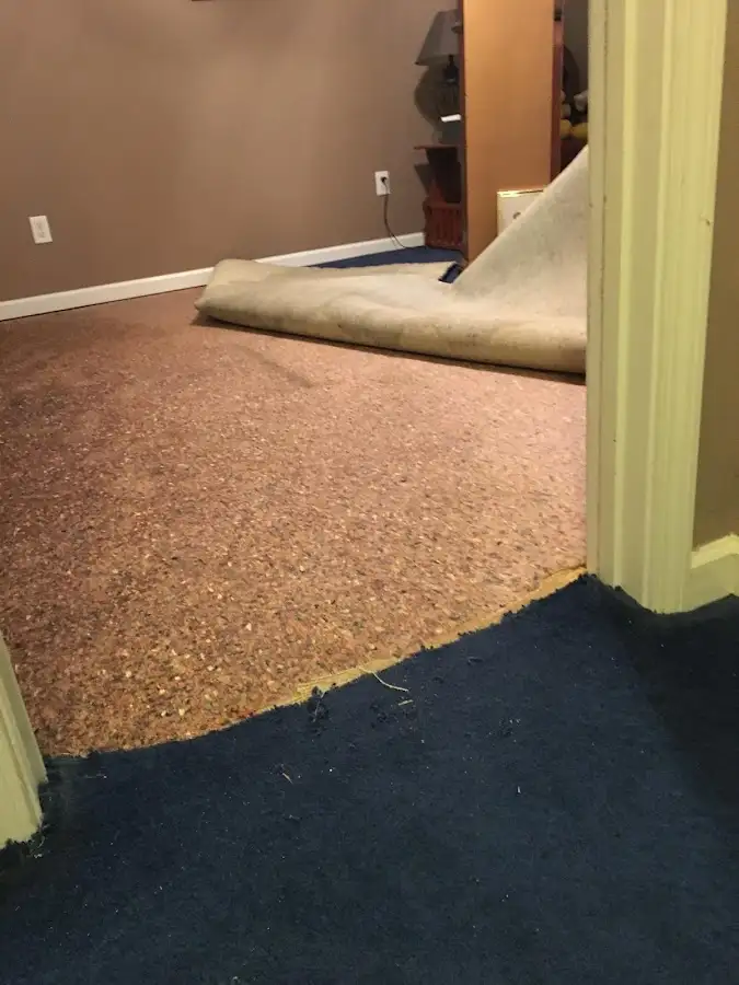 Carpet pad removal revealing water damage during Drying & Dehumidification in Arkadelphia